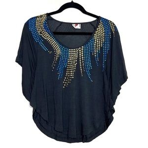FREE PEOPLE black batwing flowy top with gold and blue studs size XS